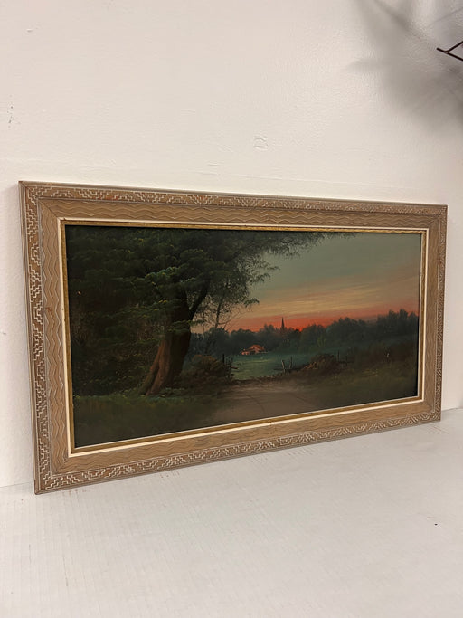 Vintage Mid Century Modern Traditional Style Watercolor Painting of Serene Landscape Rustic Style Wooden Frame