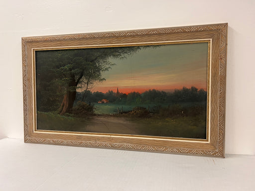 Vintage Mid Century Modern Traditional Style Watercolor Painting of Serene Landscape Rustic Style Wooden Frame