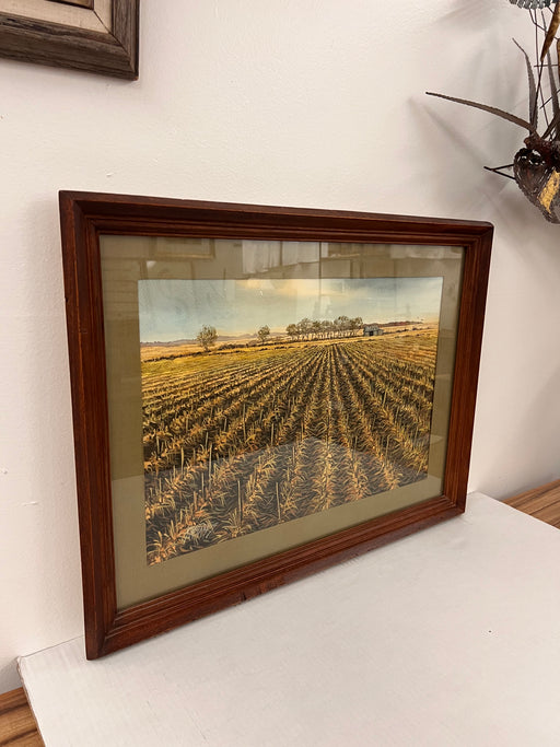 Vintage Mid Century Modern Traditional Watercolor Painting of Scenic Agricultural Landscape Signed by Mike Danetz