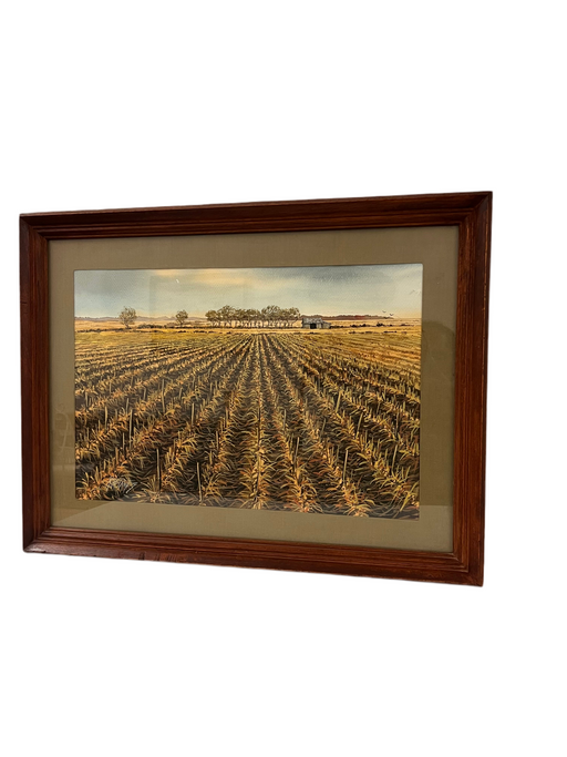 Vintage Mid Century Modern Traditional Watercolor Painting of Scenic Agricultural Landscape Signed by Mike Danetz