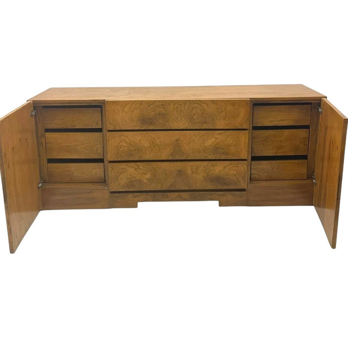 Vintage Milo Baughman for Lane Mid Century Modern Burlwood Lowboy Dresser 9 Drawers Dovetailed