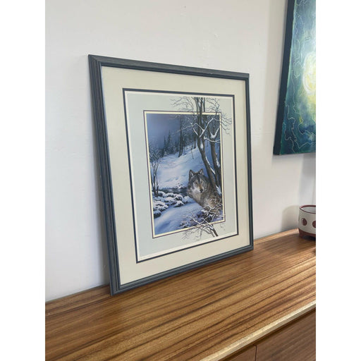 Vintage Original Framed and Signed Art Print Titled “ Wolf Lone Watcher “