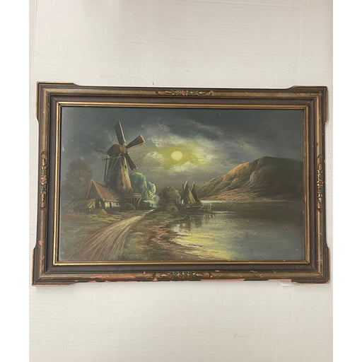 Vintage Original Landscape Windmill Artwork Within Victorian Style Frame