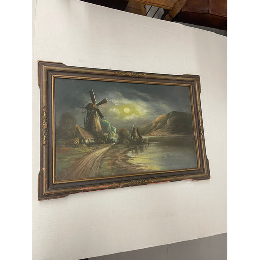 Vintage Original Landscape Windmill Artwork Within Victorian Style Frame