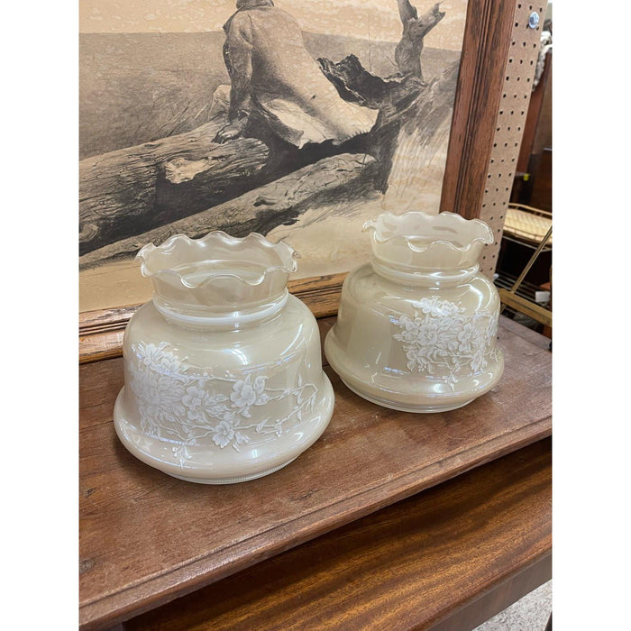 Vintage Pair of Frosted Glass Lamp Shades With Rose Motif