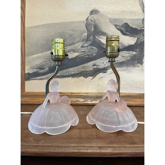 Vintage Pair of Pink Toned Southern Belle Table Lamps With Frosted Glass Base.