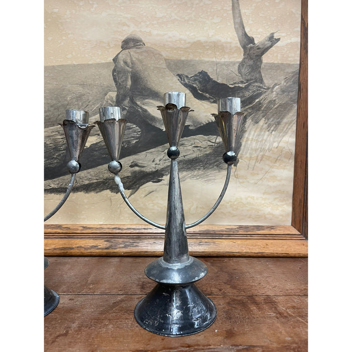 Vintage Pair of Silver Toned Primitive Style Candelabras