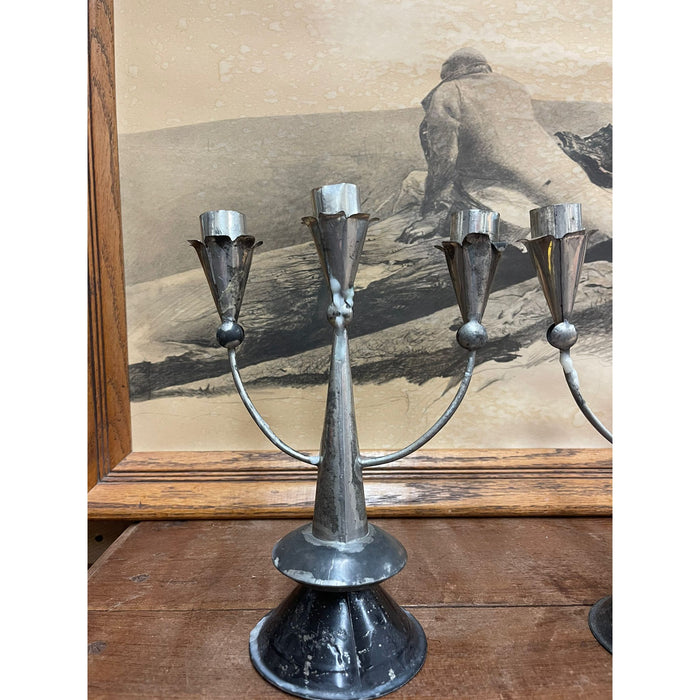 Vintage Pair of Silver Toned Primitive Style Candelabras