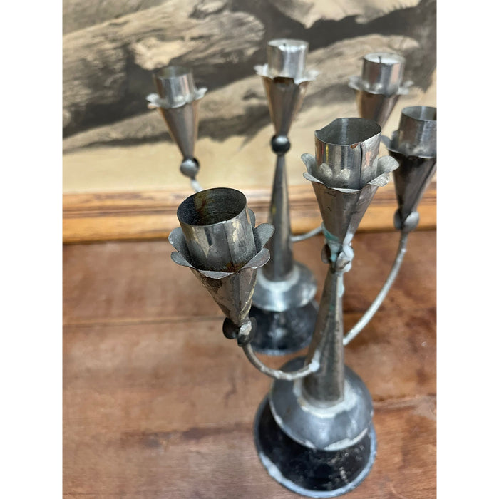 Vintage Pair of Silver Toned Primitive Style Candelabras