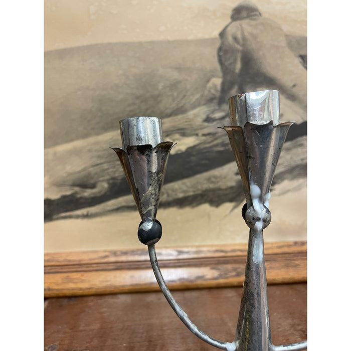 Vintage Pair of Silver Toned Primitive Style Candelabras