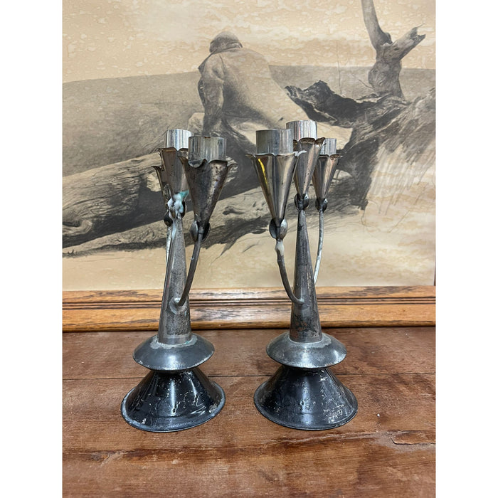 Vintage Pair of Silver Toned Primitive Style Candelabras