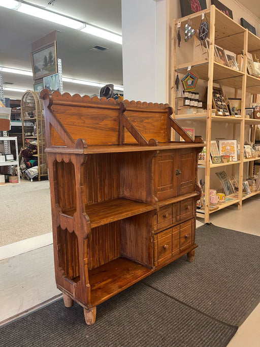 Vintage Primitive Arts and Crafts Style Carved Wood Bookshelf and Storage Cabinet