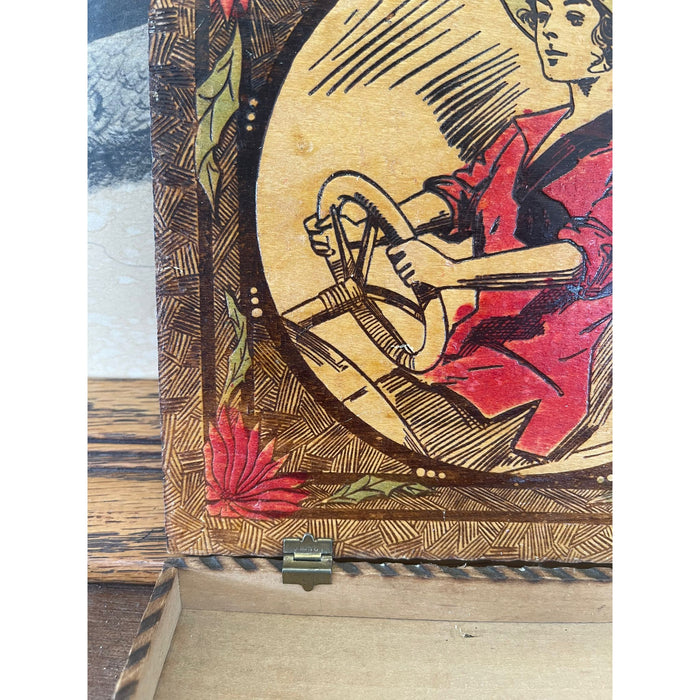 Vintage Pyrography Box Featuring Motif of Woman Driving a Car
