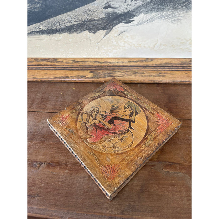 Vintage Pyrography Box Featuring Motif of Woman Driving a Car