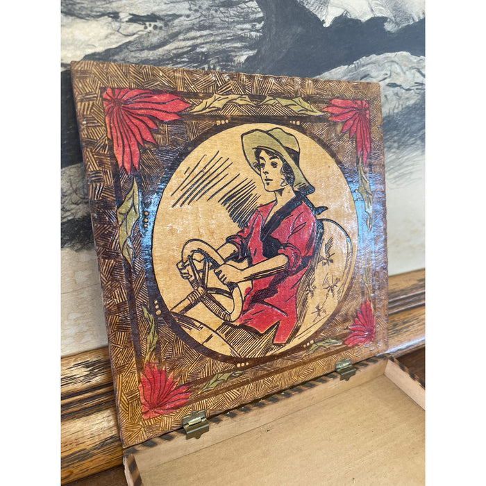 Vintage Pyrography Box Featuring Motif of Woman Driving a Car