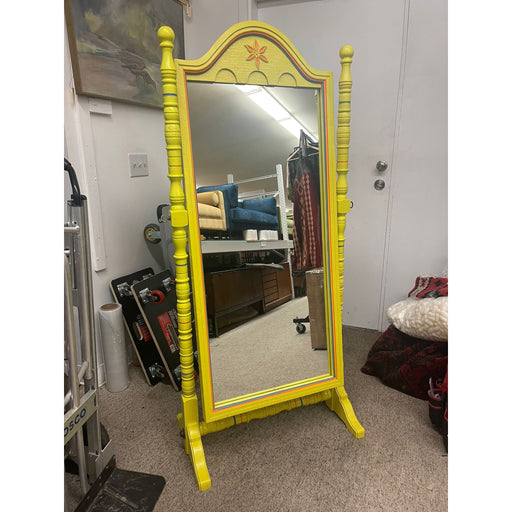 Vintage Retro Style Yellow Floor Mirror Carved Wood
