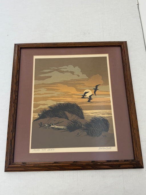 Vintage Signed Framed Matted Mid Century Style Silkscreen or Serigraph Print "Along the Beach" by Walter Blount Coastal Scene with Birds