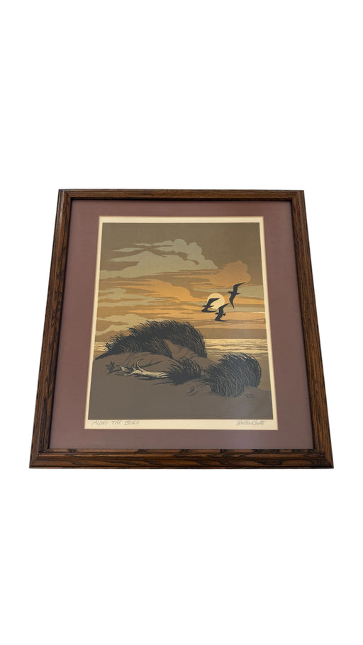 Vintage Signed Framed Matted Mid Century Style Silkscreen or Serigraph Print "Along the Beach" by Walter Blount Coastal Scene with Birds