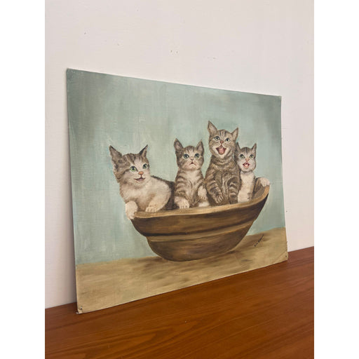 Vintage Signed Original Painting of Kittens in a Basket