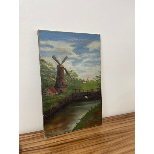 Vintage Signed Original Painting on Canvas of Windmill Landscape.