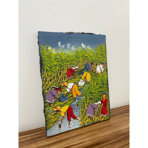 Vintage Signed Painting on Fabric Canvas of Field Workers.