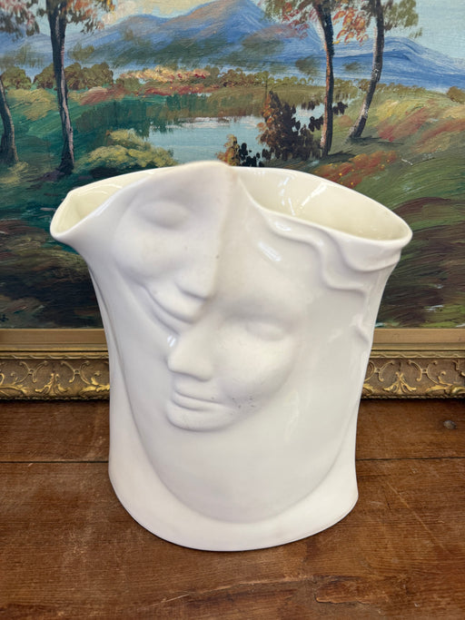 Vintage Signed and Dated Surrealist Style Mid century modern style White Ceramic Face Vase Sculpture - off white Abstract Modern Art