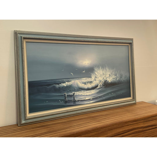 Vintage Signed and Framed Original Painting of Seascape With Waves on Canvas