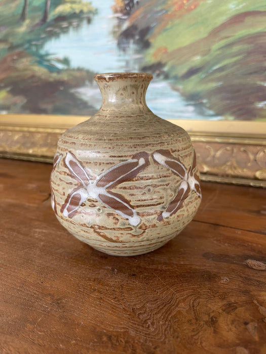 Vintage Studio Pottery Bud Vase with Incised and Glazed Abstract Motif