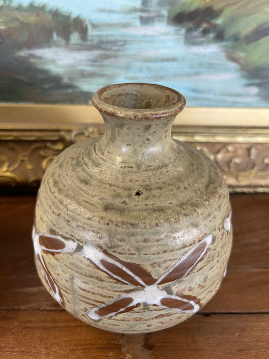 Vintage Studio Pottery Bud Vase with Incised and Glazed Abstract Motif