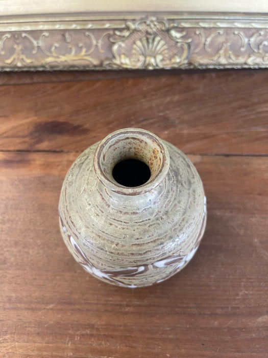Vintage Studio Pottery Bud Vase with Incised and Glazed Abstract Motif