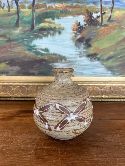 Vintage Studio Pottery Bud Vase with Incised and Glazed Abstract Motif
