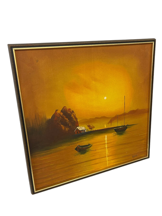 Vintage Sunset Seascape Oil Painting with Fishing Boats, Signed