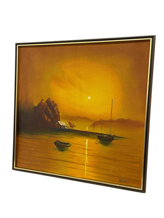 Vintage Sunset Seascape Oil Painting with Fishing Boats, Signed