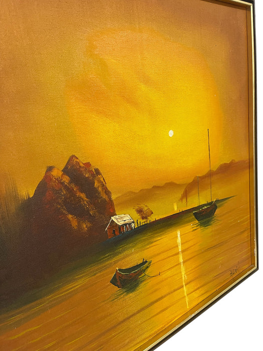 Vintage Sunset Seascape Oil Painting with Fishing Boats, Signed