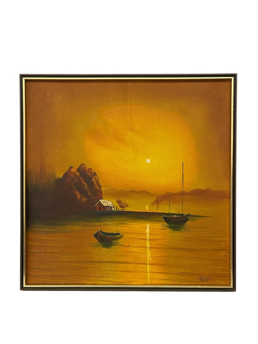 Vintage Sunset Seascape Oil Painting with Fishing Boats, Signed