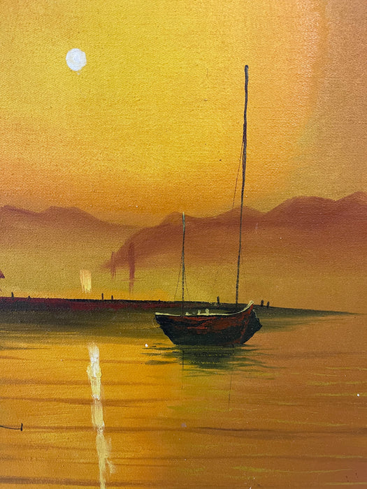 Vintage Sunset Seascape Oil Painting with Fishing Boats, Signed