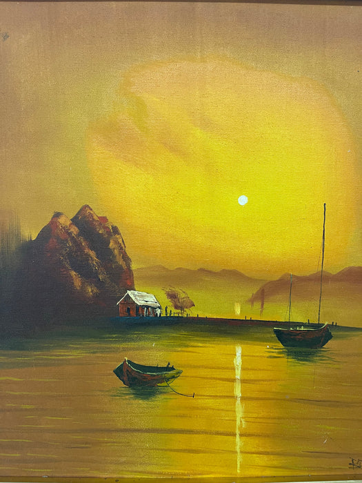Vintage Sunset Seascape Oil Painting with Fishing Boats, Signed