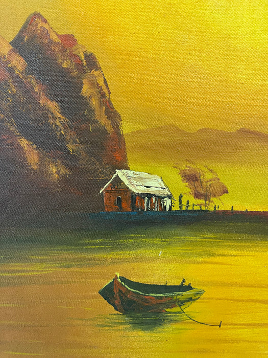 Vintage Sunset Seascape Oil Painting with Fishing Boats, Signed