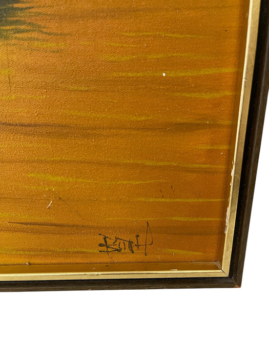 Vintage Sunset Seascape Oil Painting with Fishing Boats, Signed