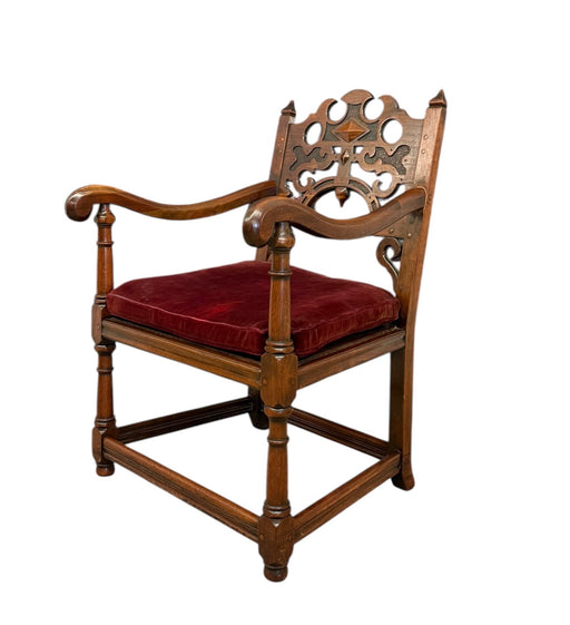 Vintage Tudor Gothic Revival Style Arm Chair with Intricate Carvings With Removable Original Upholstered Seat