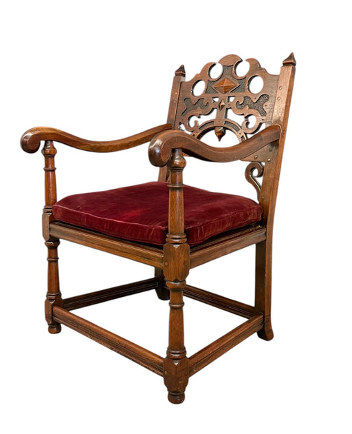 Vintage Tudor Gothic Revival Style Arm Chair with Intricate Carvings With Removable Original Upholstered Seat