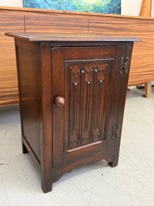Vintage UK Imported Accent Table or Side Cabinet with Welsh Influences Carved Possibly Oak Door with Drop Hinges Dark Stained Wood