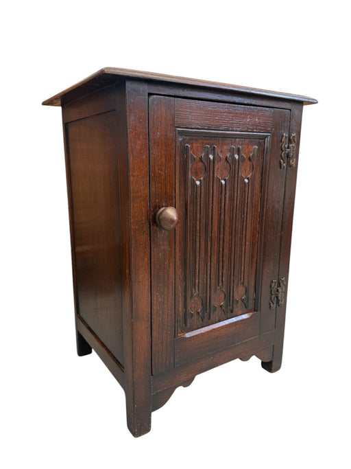 Vintage UK Imported Accent Table or Side Cabinet with Welsh Influences Carved Possibly Oak Door with Drop Hinges Dark Stained Wood