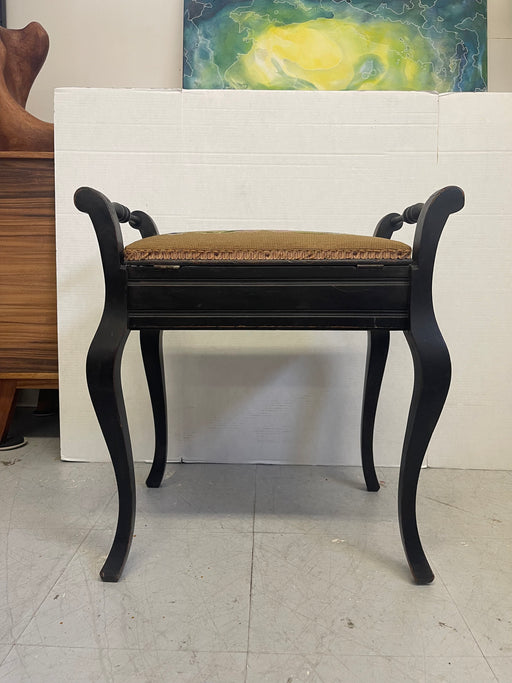 Vintage UK Imported Black Toned Wood Needlepoint Stool Upholstered Accent Bench with Storage on Cabriole Legs