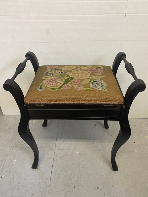 Vintage UK Imported Black Toned Wood Needlepoint Stool Upholstered Accent Bench with Storage on Cabriole Legs