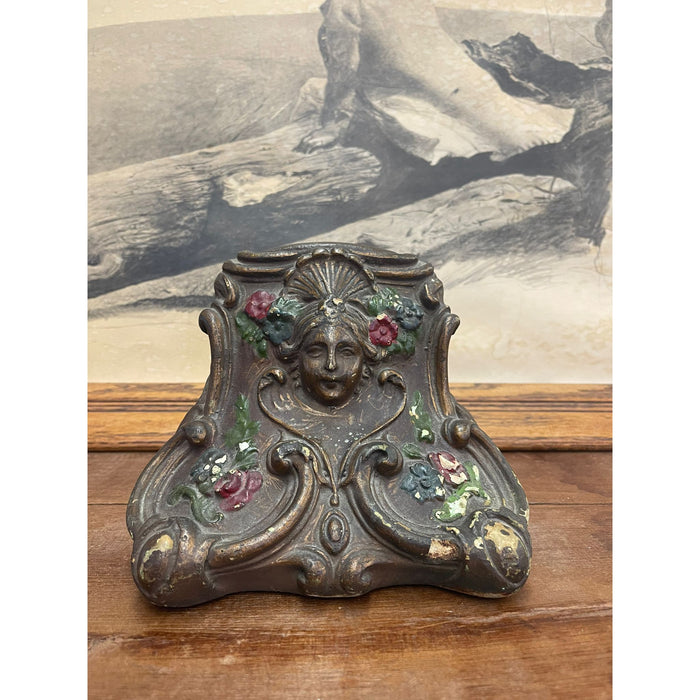 Vintage Weighted Bookend with Motif of Woman and Flowers