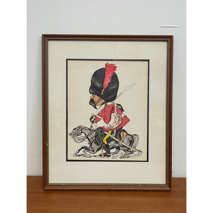 Vintage Whimsical Paint Illustration of British Soldier in Wood Frame