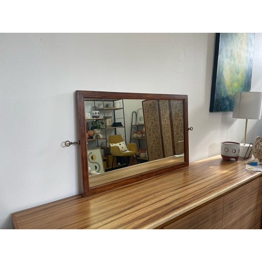Vintage Wood Framed Mirror With Wood Inlay and Decorative Handles.