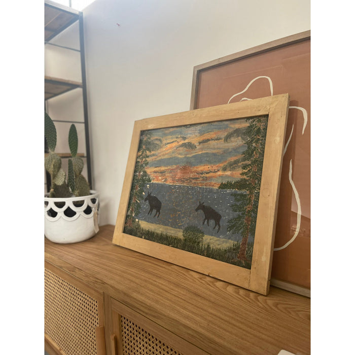 Vintage Wooden Frame Abstract Nature Drawing Possibly Pastel