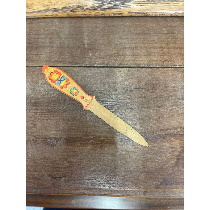 Vintage Wooden Letter Opener With Folk Style Art on Handles.